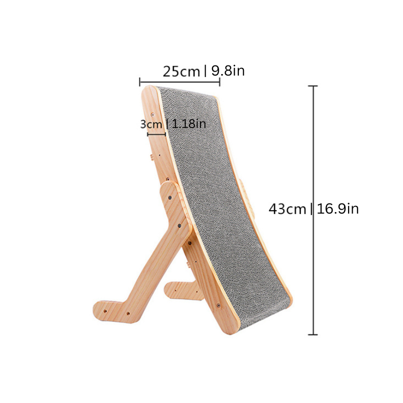 Ergonomic cat scratcher with sleek solid wood frame; curvy design offers comfort and stylish play area for feline exercise.