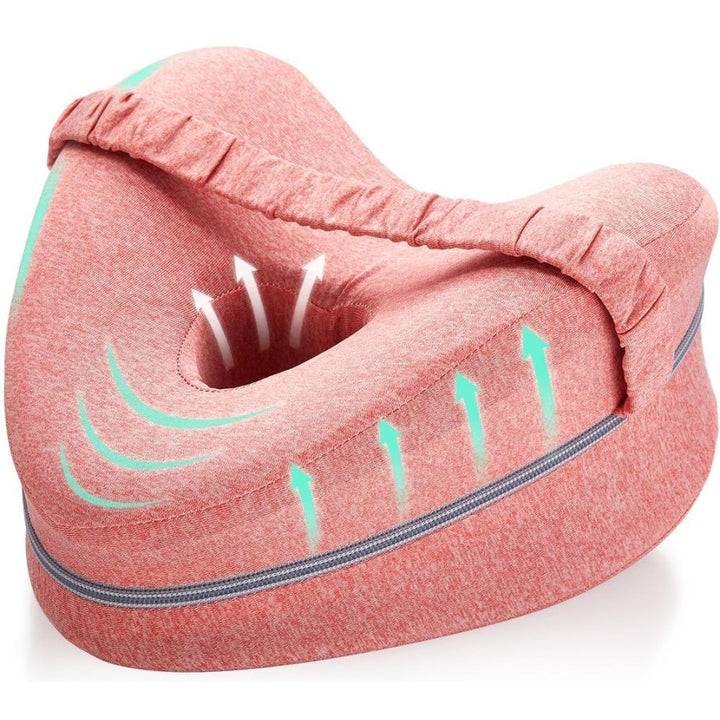 "Ergonomic grey knee pillow for side sleepers, enhancing alignment and comfort with breathable memory foam for spinal health.