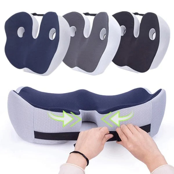 "Ergonomic men's memory foam seat cushion in grey, supports hips and back, perfect for office chairs and car seats."