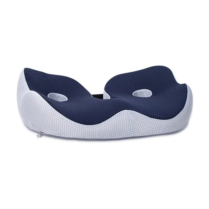 "Ergonomic men's memory foam seat cushion in grey, supports hips and back, perfect for office chairs and car seats."