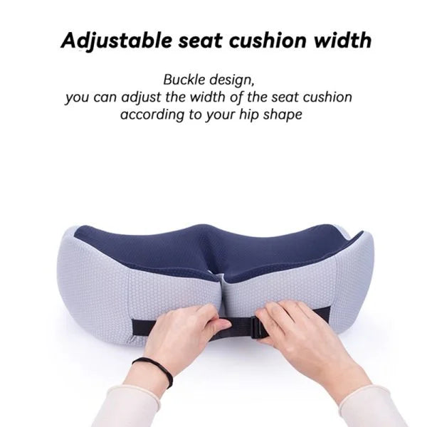 "Ergonomic men's memory foam seat cushion in grey, supports hips and back, perfect for office chairs and car seats."