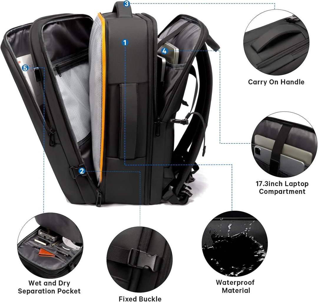 Waterproof travel backpack in expanded mode (45L), showing increased capacity for longer trips.