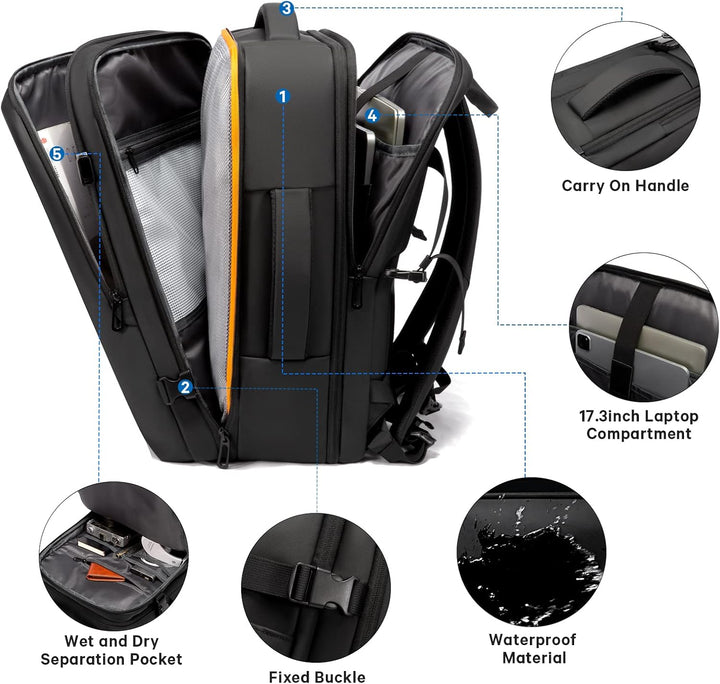 Waterproof travel backpack in expanded mode (45L), showing increased capacity for longer trips.