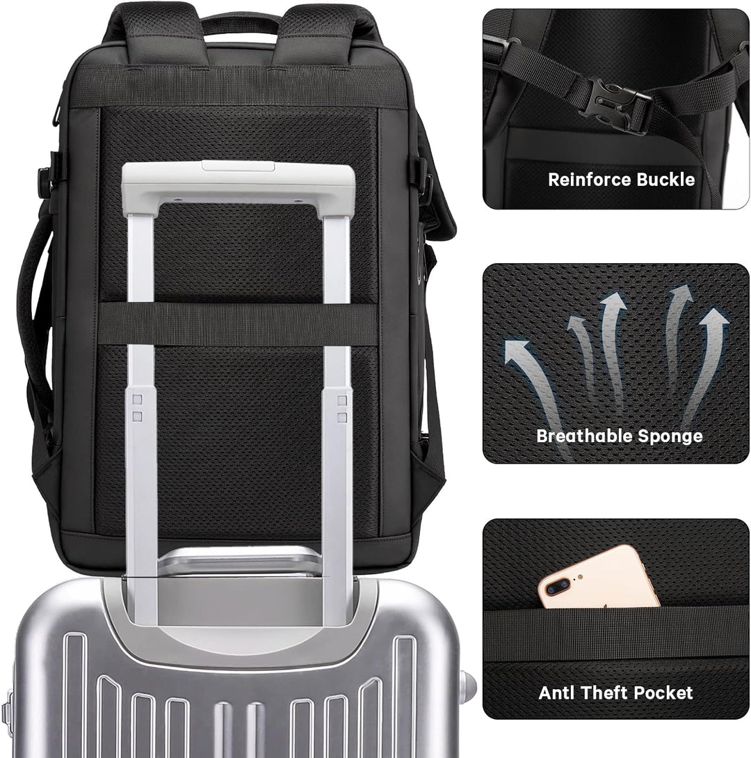 Anti-theft expandable travel backpack, designed for secure international travel & peace of mind.