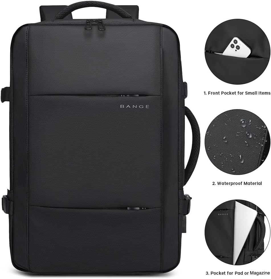 Padded laptop sleeve in waterproof travel backpack, protecting up to 17-inch devices.