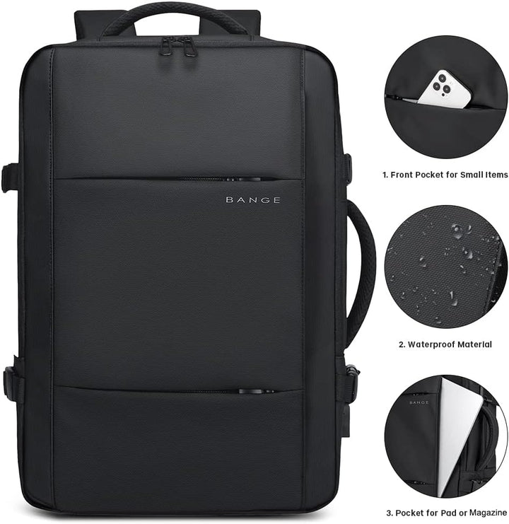 Padded laptop sleeve in waterproof travel backpack, protecting up to 17-inch devices.