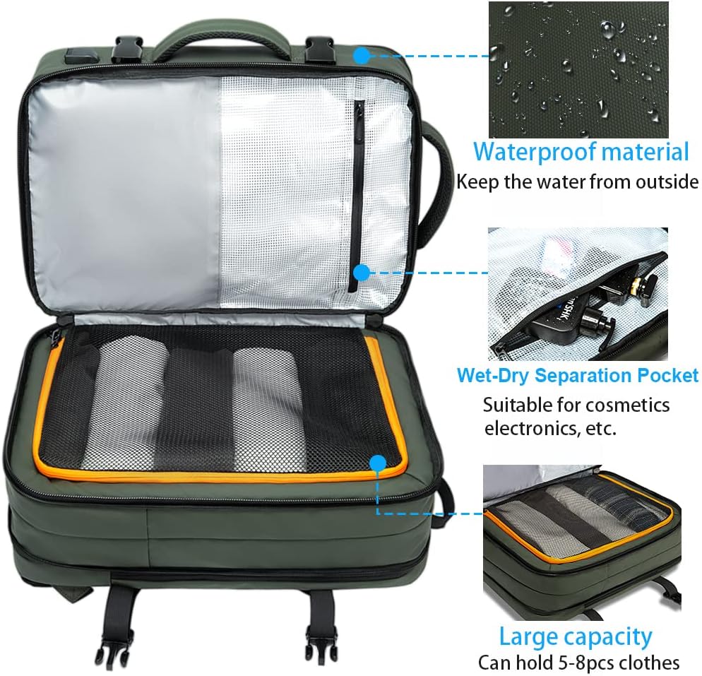 Front view of expandable waterproof travel backpack, ready for adventure or business travel.