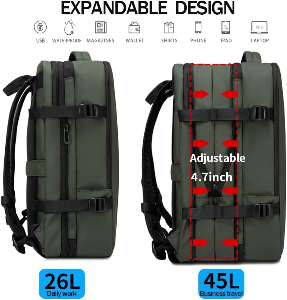 Side view of 45L expandable waterproof travel backpack, showing duffle carry handle.