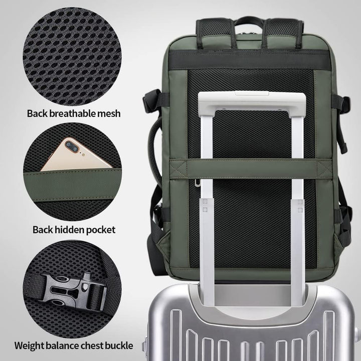 Detail of anti-theft zippers on expandable waterproof travel duffle bag. Secure your valuables.