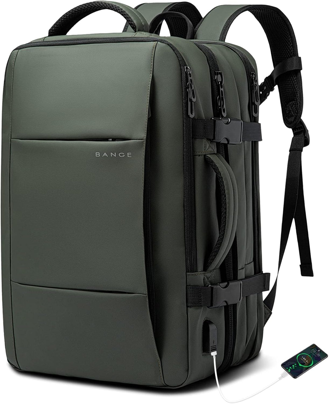 Man wearing expandable waterproof travel backpack (45L) at an airport, perfect carry-on.