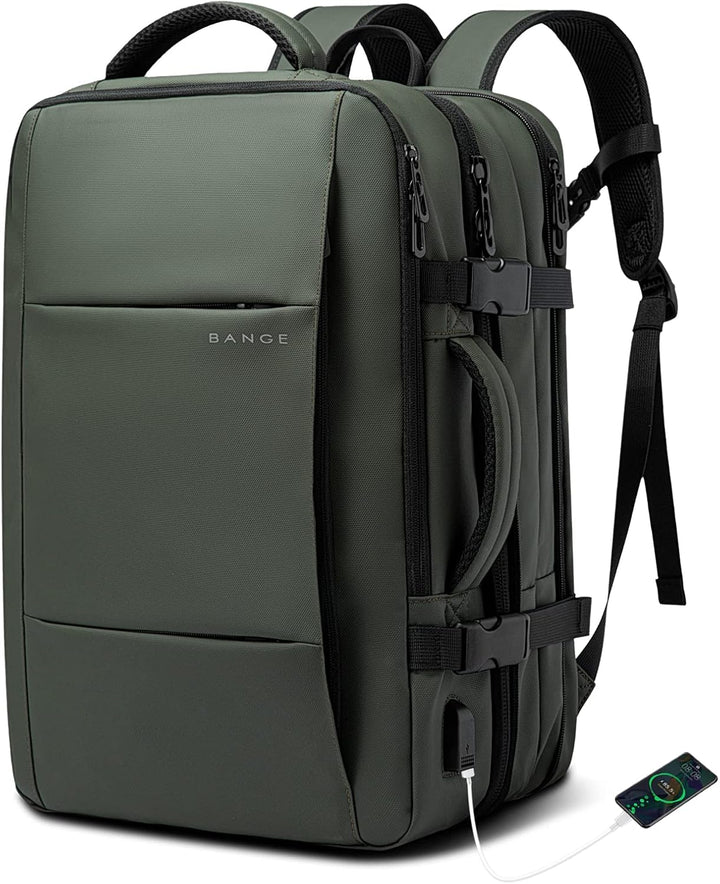 Man wearing expandable waterproof travel backpack (45L) at an airport, perfect carry-on.