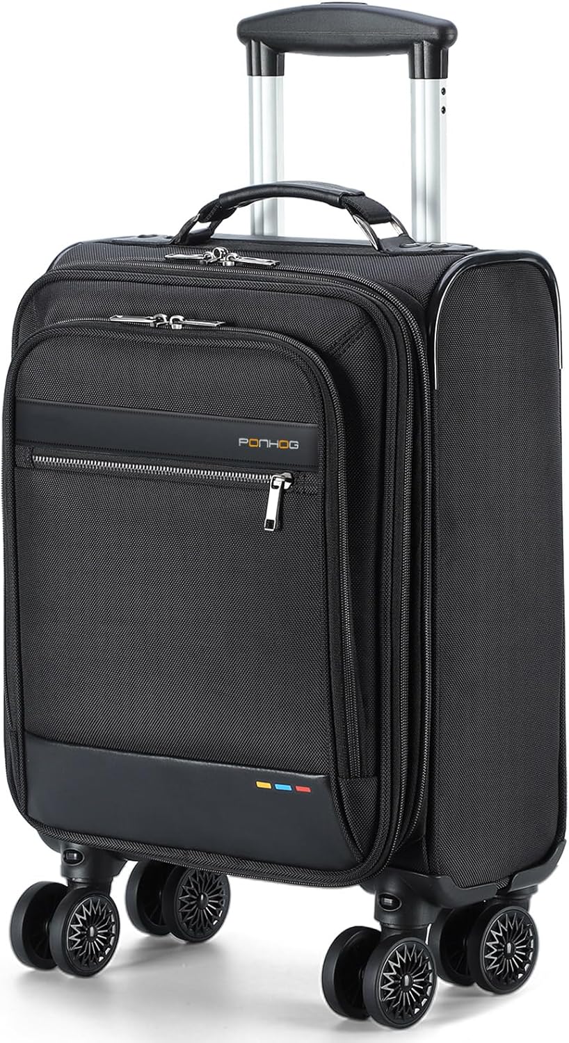 Expandable underseat carry-on luggage with 360° spinner wheels & laptop compartment for easy travel.