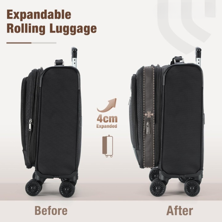 Black expandable underseat personal item bag featuring smooth spinner wheels & secure laptop sleeve.