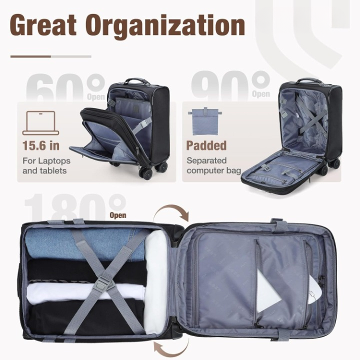 Versatile underseat travel bag with spinner wheels, laptop compartment, expandable for weekend trips.