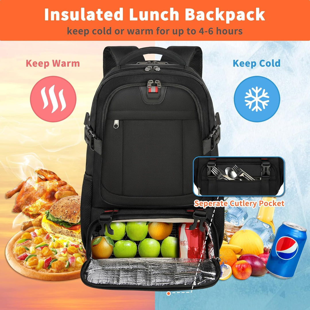 Spacious travel backpack with anti-theft design, dedicated laptop pocket, and insulated lunch bag for school/work.