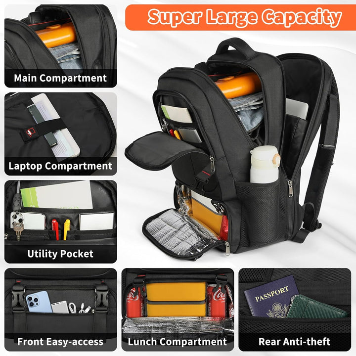 Durable commuter backpack featuring a USB charging port, laptop sleeve, and insulated lunch section. TSA approved.