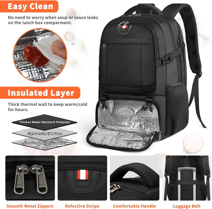 Versatile unisex travel backpack, extra-large, with insulated lunch compartment and external USB port for daily use.