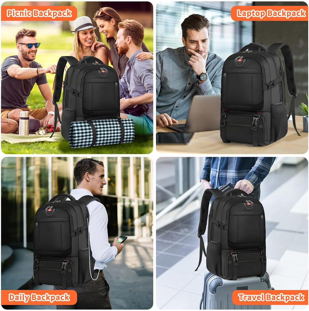 Black anti-theft extra-large laptop backpack with durable material, ideal for travel, school, or daily commuting.