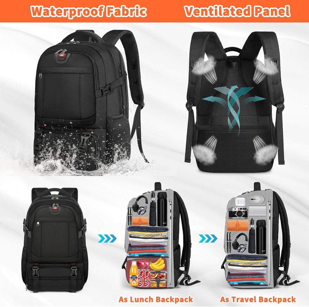 Large capacity travel backpack showcasing organized compartments for laptop, lunch, and essentials with USB access.