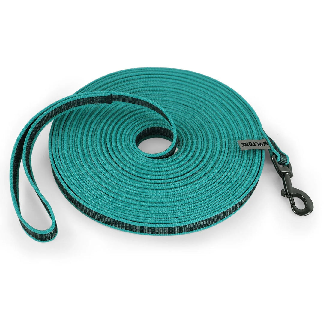 "Extra long waterproof dog lead with comfy handle, in orange, durable nylon for all weather, secure soft-touch grip."