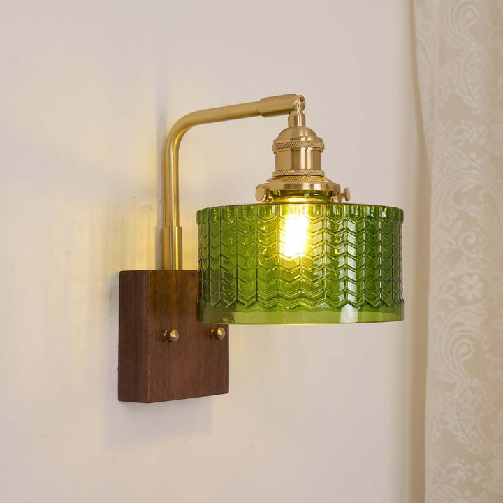 Rustic Green Glass Wall Light with Wooden Base