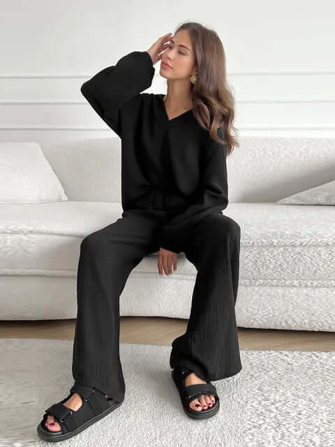 Women's Loungewear Set - V-Neck & Wide Leg