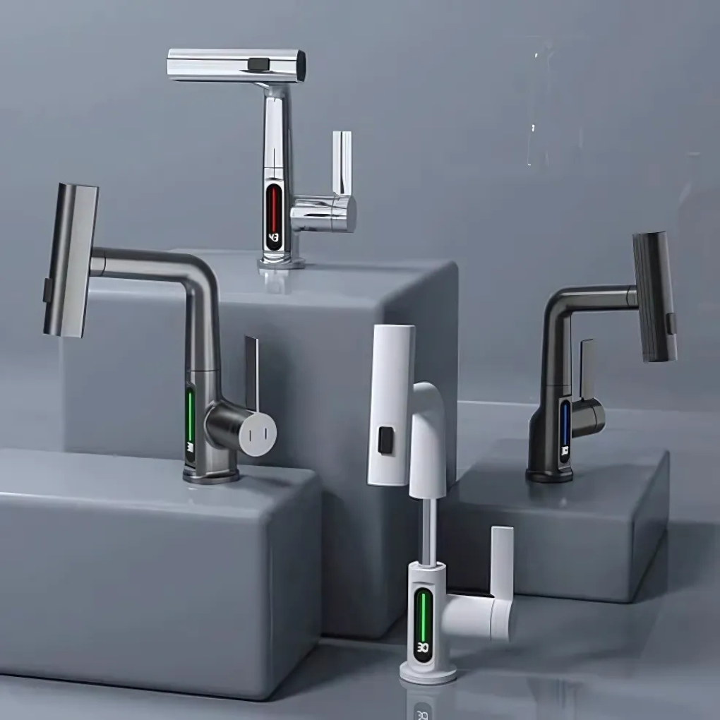 Flexible LED kitchen & bathroom faucet with digital temperature display. Brushed nickel finish.