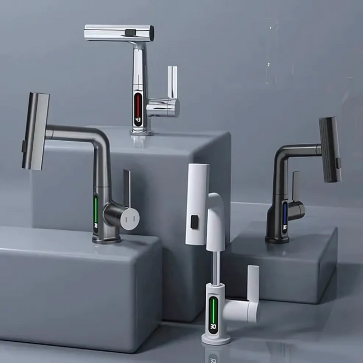 Flexible LED kitchen & bathroom faucet with digital temperature display. Brushed nickel finish.