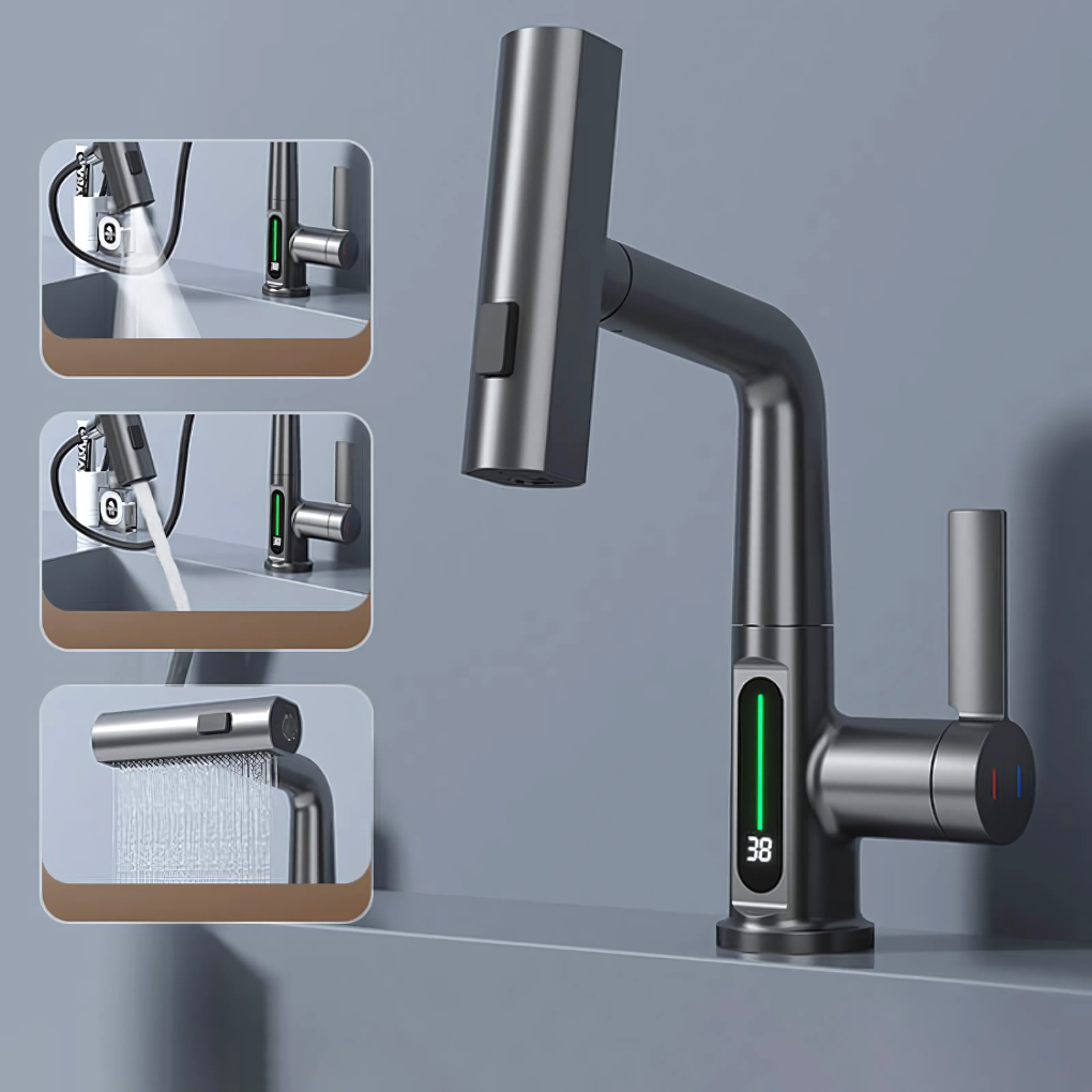 Close-up of LED temperature display on a flexible brushed nickel kitchen faucet spout.