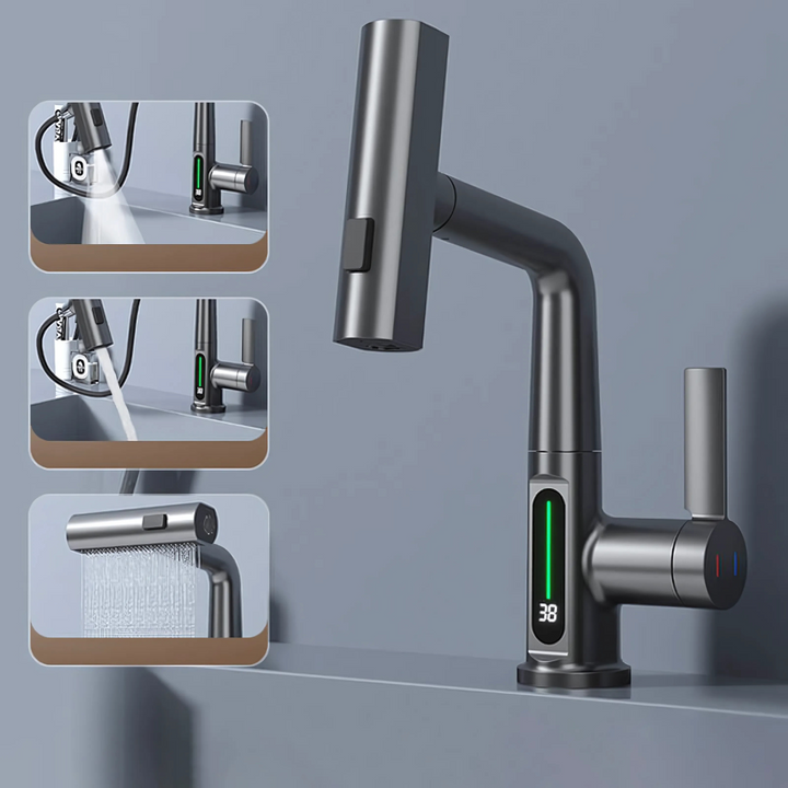 Close-up of LED temperature display on a flexible brushed nickel kitchen faucet spout.