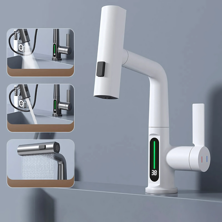 Home upgrade: Modern flexible LED kitchen & bathroom faucet with clear temperature display.