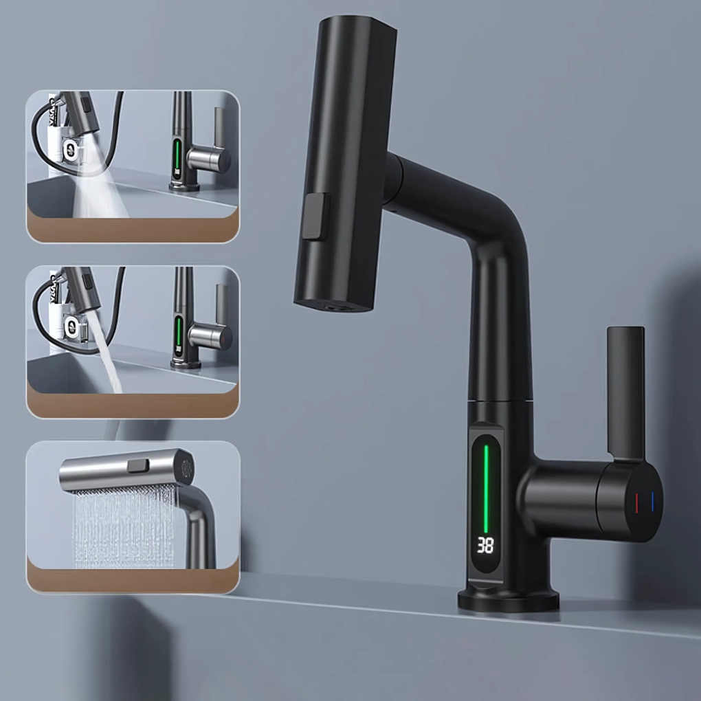 Flexible LED kitchen & bath faucet, temperature-controlled, brushed nickel, modern design.