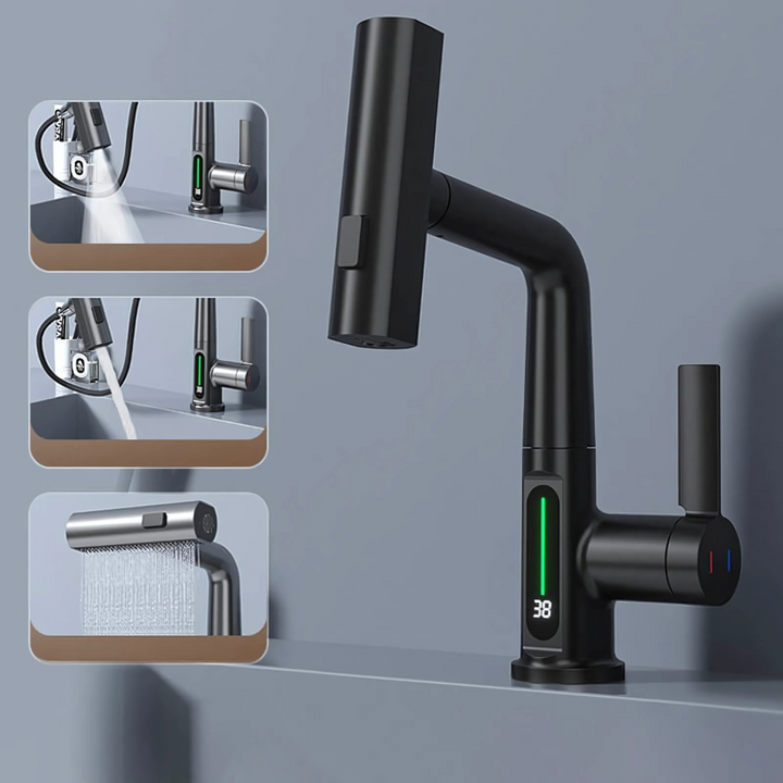 Flexible LED kitchen & bath faucet, temperature-controlled, brushed nickel, modern design.