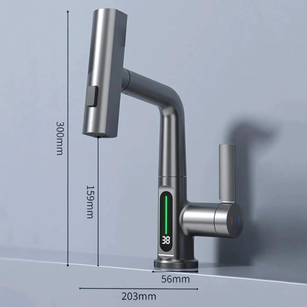 Modern flexible LED kitchen faucet with real-time temperature display. Sleek design.
