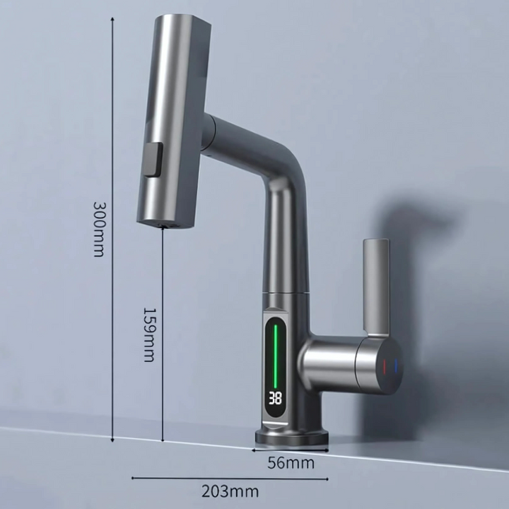 Modern flexible LED kitchen faucet with real-time temperature display. Sleek design.