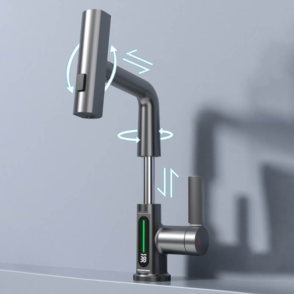 Stylish flexible LED bathroom faucet with temperature display for a safe, modern wash.