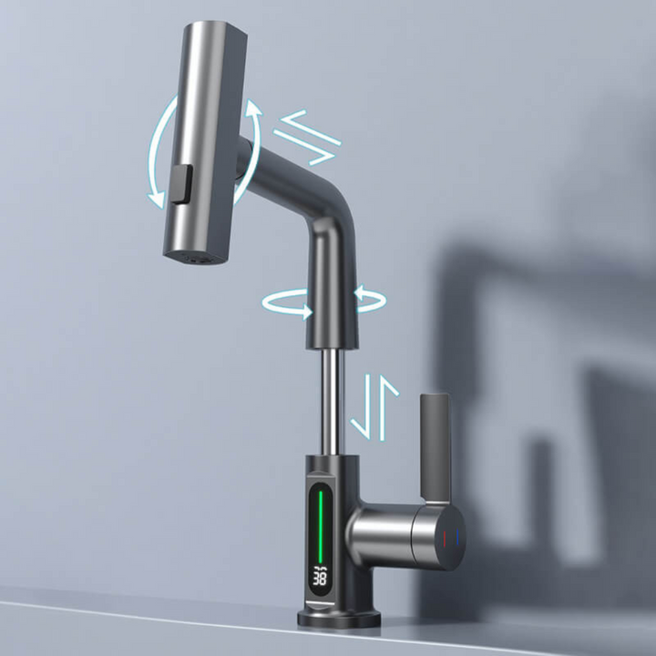 Stylish flexible LED bathroom faucet with temperature display for a safe, modern wash.