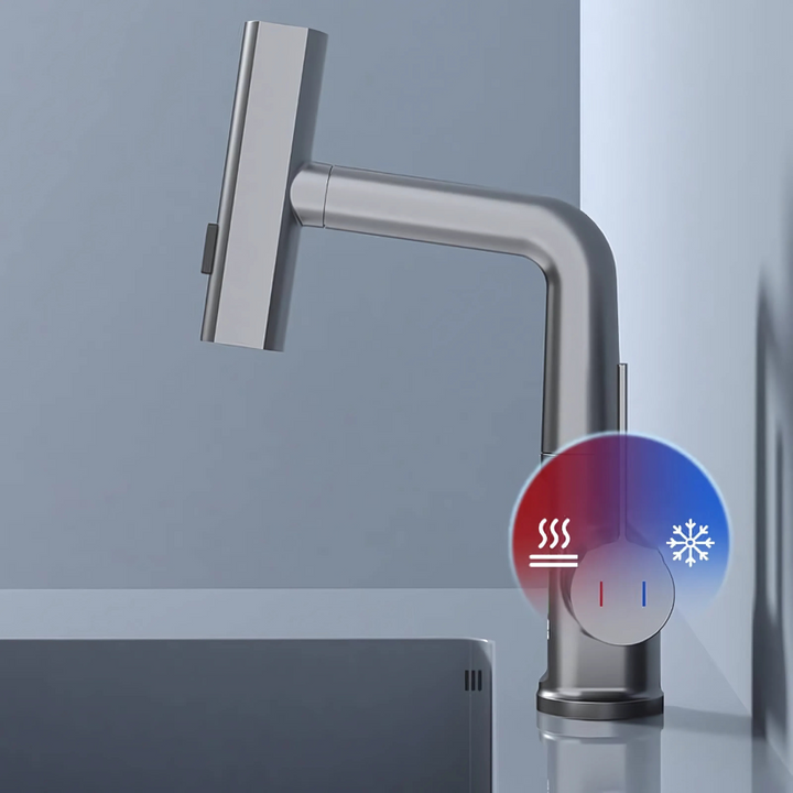 Flexible spout kitchen faucet with LED temperature display. Easy-to-use contemporary design.