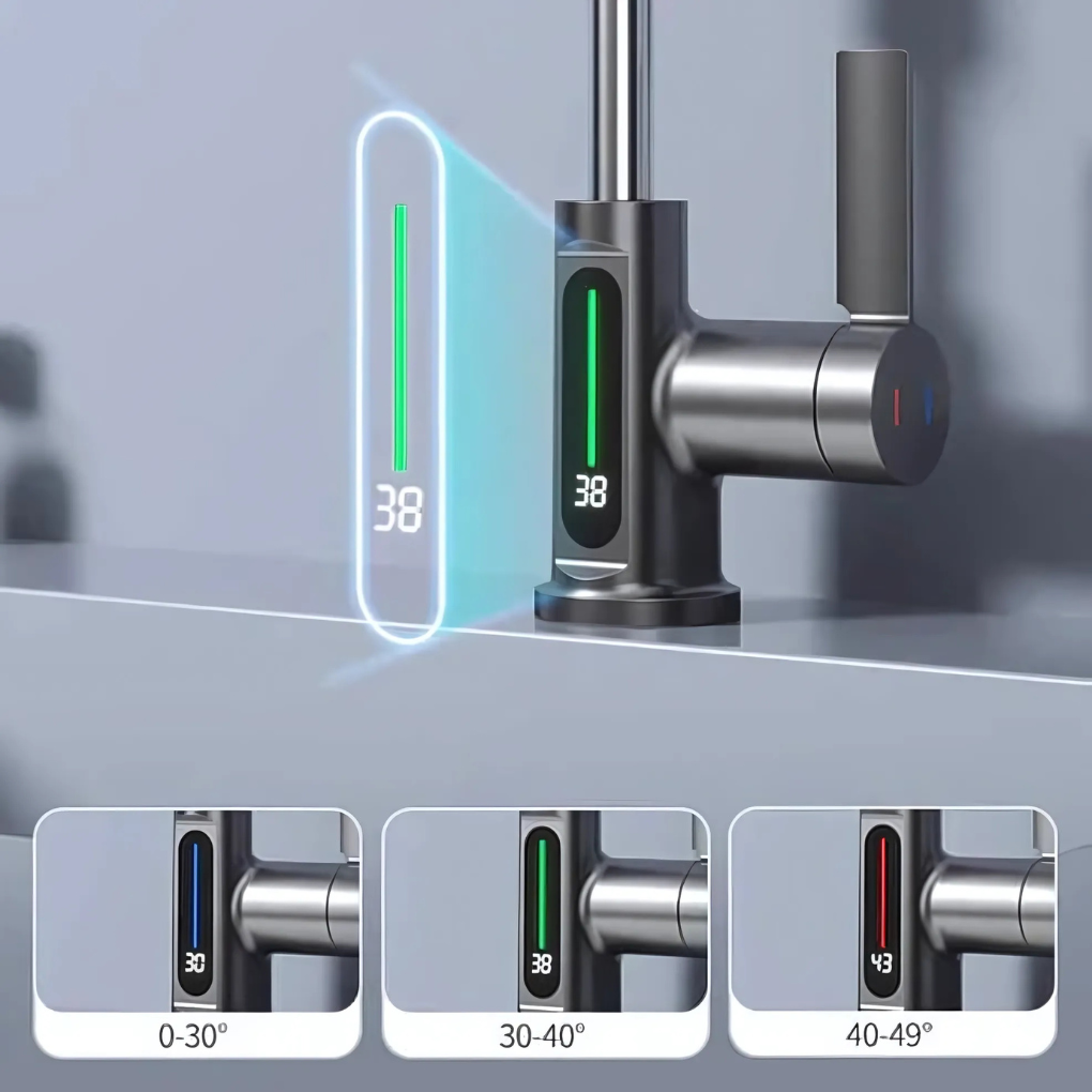 Temperature-controlled LED kitchen & bath faucet. Flexible spout ensures safety & convenience.