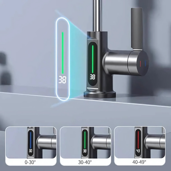 Temperature-controlled LED kitchen & bath faucet. Flexible spout ensures safety & convenience.