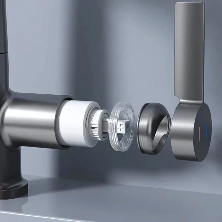 Brushed nickel flexible kitchen faucet with LED temperature display. Modern home upgrade.