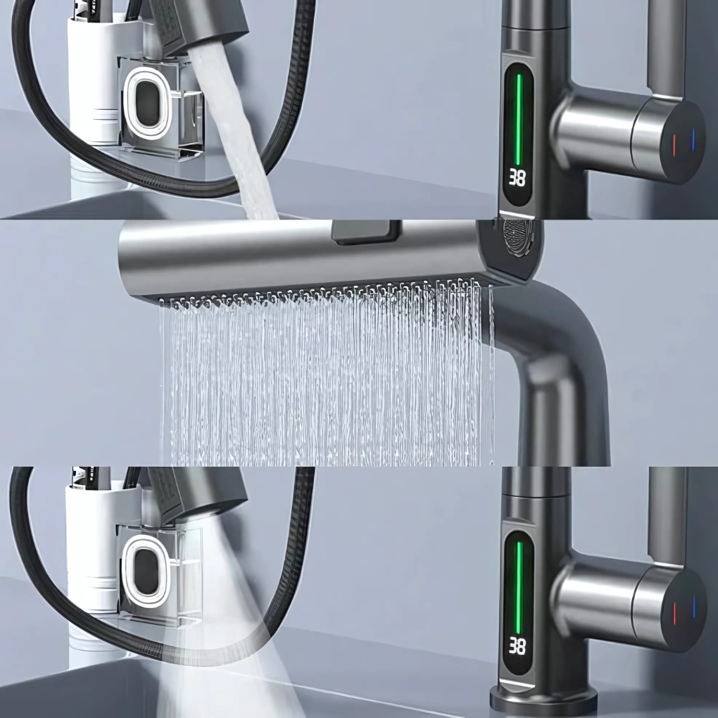 Brass flexible LED kitchen & bathroom faucet with digital temperature display. Contemporary style.