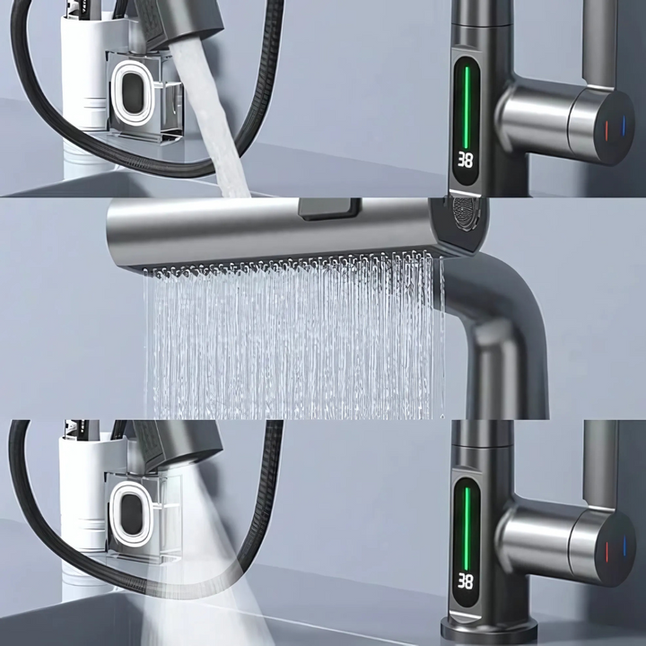 Brass flexible LED kitchen & bathroom faucet with digital temperature display. Contemporary style.