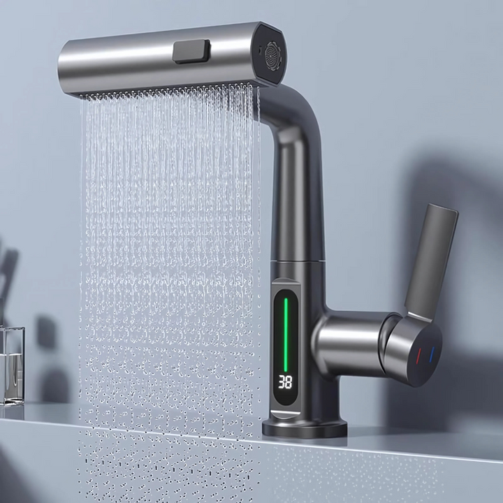 Elegant flexible LED kitchen faucet with temperature display, enhancing any modern kitchen.