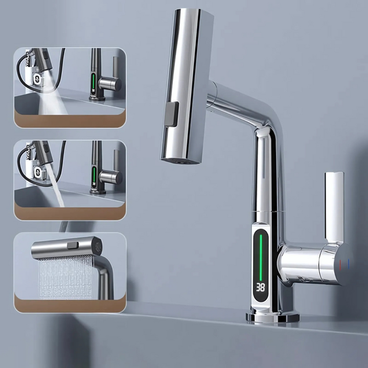 Premium flexible LED bathroom faucet, displaying water temperature for a luxurious wash.