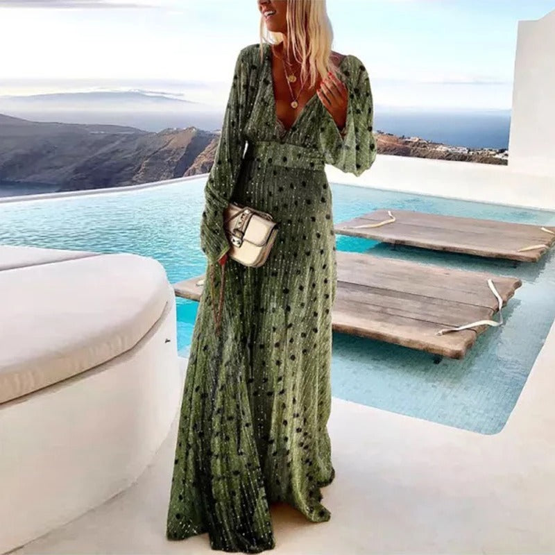 Flowy Women's elegant long sleeve V-neck maxi dress for summer, bohemian, evening & resort wear.