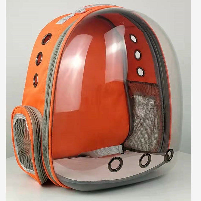 Foldable pet backpack with ventilation, transparent front, mesh panels, adjustable straps, and storage pockets for travel.