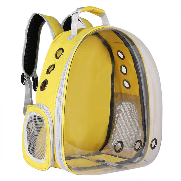 Foldable pet backpack with ventilation, transparent front, mesh panels, adjustable straps, and storage pockets for travel.