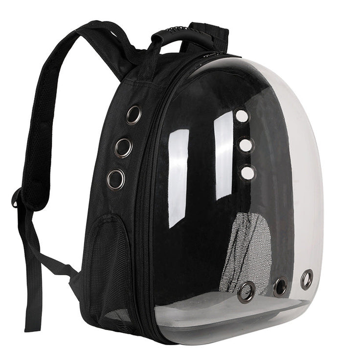 Foldable pet backpack with ventilation, transparent front, mesh panels, adjustable straps, and storage pockets for travel.