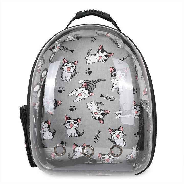 Foldable pet backpack with ventilation, transparent front, mesh panels, adjustable straps, and storage pockets for travel.